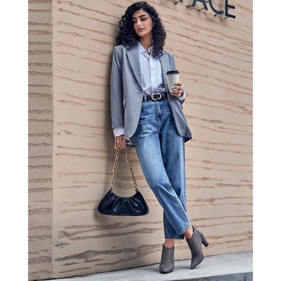 Women's Grey Dress Boots Pointed Toe Stiletto High Heel Splicing Booties - Picture 3 of 6